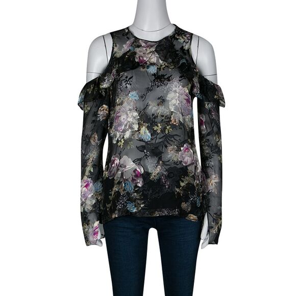 Preen By Thornton Bregazzi Floral Print Devore Chiffon Cold Shoulder Alva Top S - Picture 2 of 4